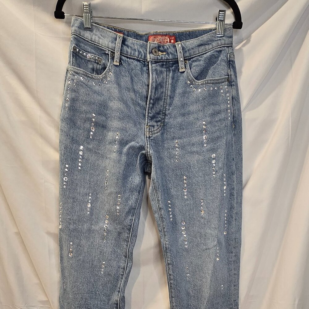 Lucky Legend High Rise Crop Jeans 90's Rhinestones Size 0/25 Light Blue 80318